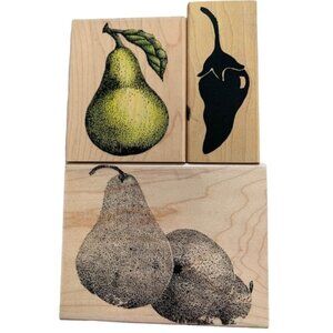 Wooden Rubber Stamp Lot Pear & Chili Pepper Fruit-Themed Craft Stamps